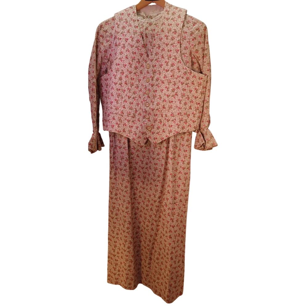 VTG Prairie Maxi Dress with Vest and Bonnet Handmade 70s Ditsy Floral Size Small